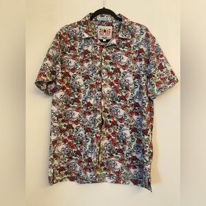 Good Vibes  Button-Up Shirt Men's  XL Floral/Skulls ShortSleeve Collared Stretch